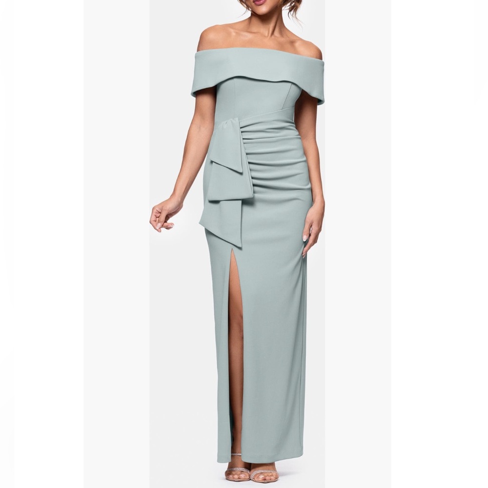 Xscape Evenings ROSE COLOR Ruched Off the Shoulder Crepe Gown - Reemoly
